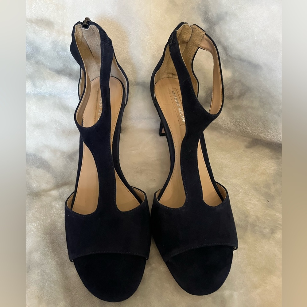 Navy Suede T Strap Heels